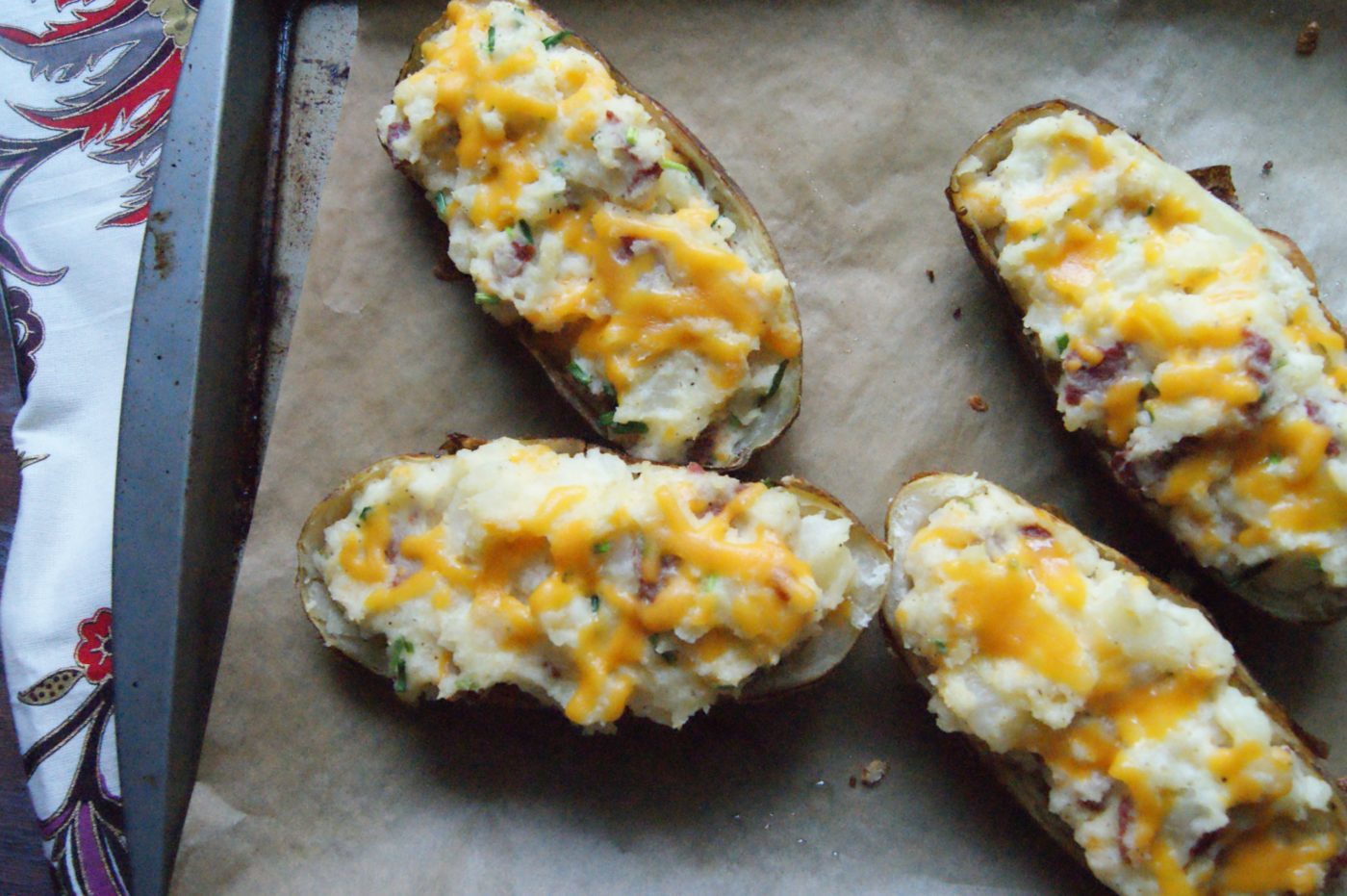 Twice baked potatoes are an easy side dish to accompany dinner.