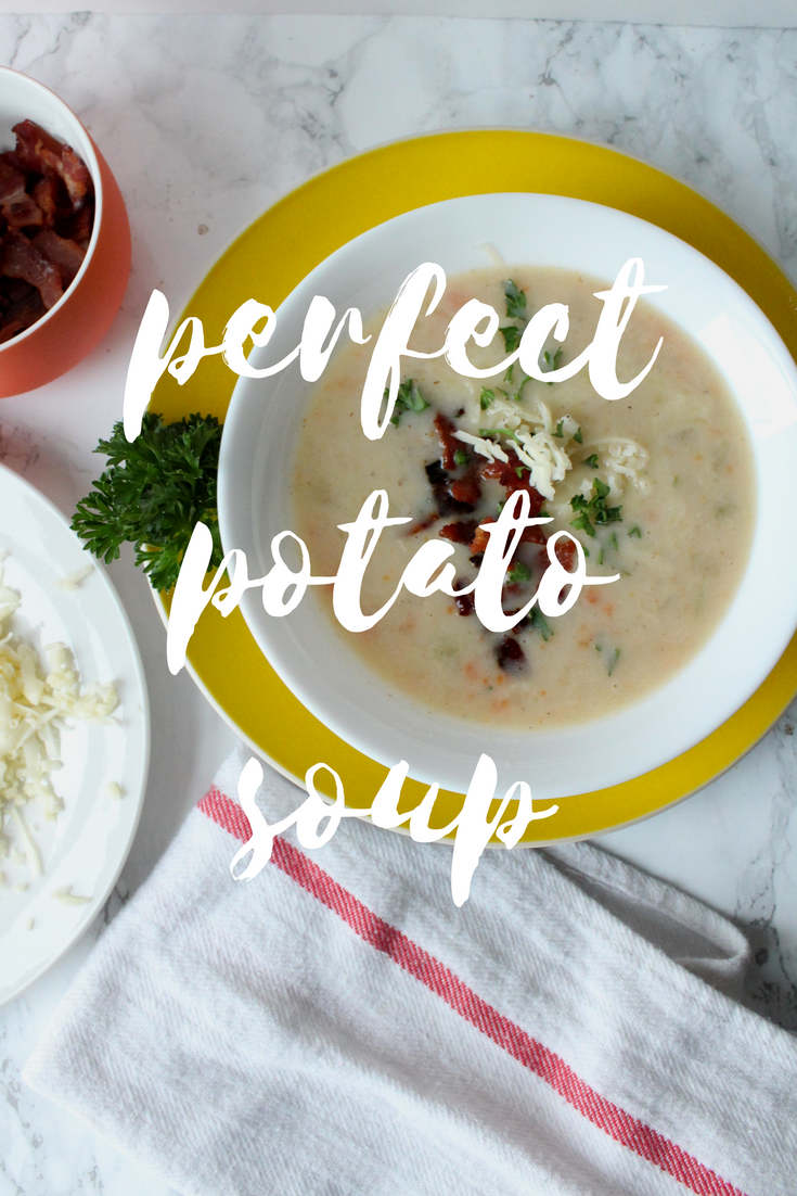 bowl of poato soup with text overlay.