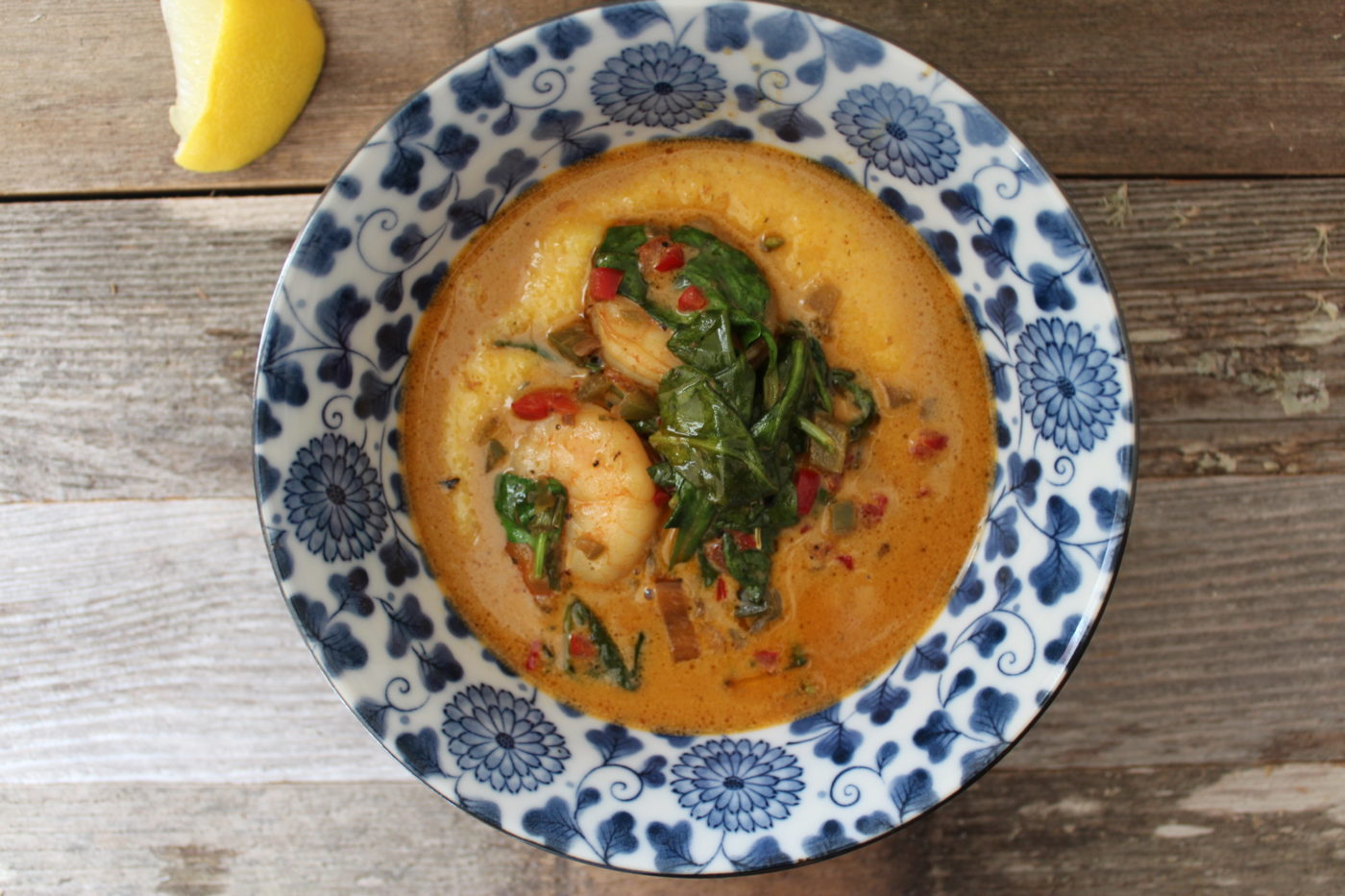Creole shrimp and grits with spinach