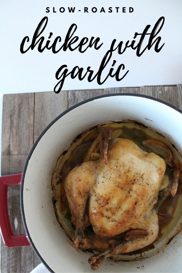 Slow roasted chicken with garlic is a delicious addition to your dinner table and is really simple to make. Just pop it in the oven and sit back and wait.