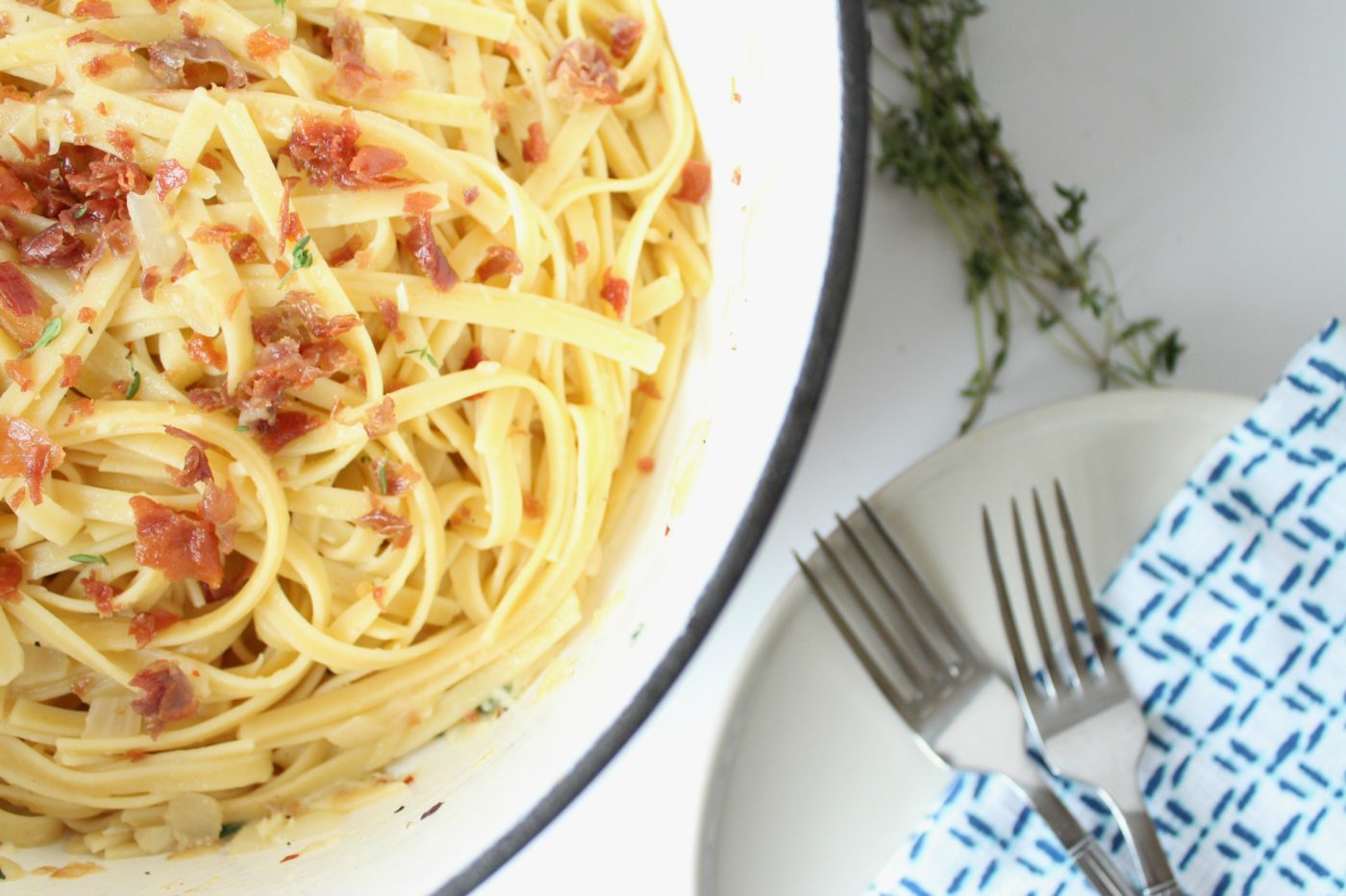 The perfect pasta, topped with crispy proscuitto.