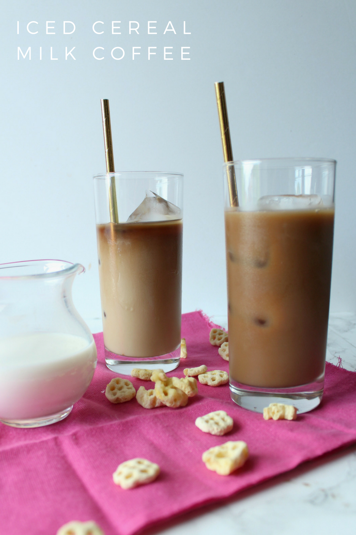 Iced cereal milk coffee made with Honey Combs.