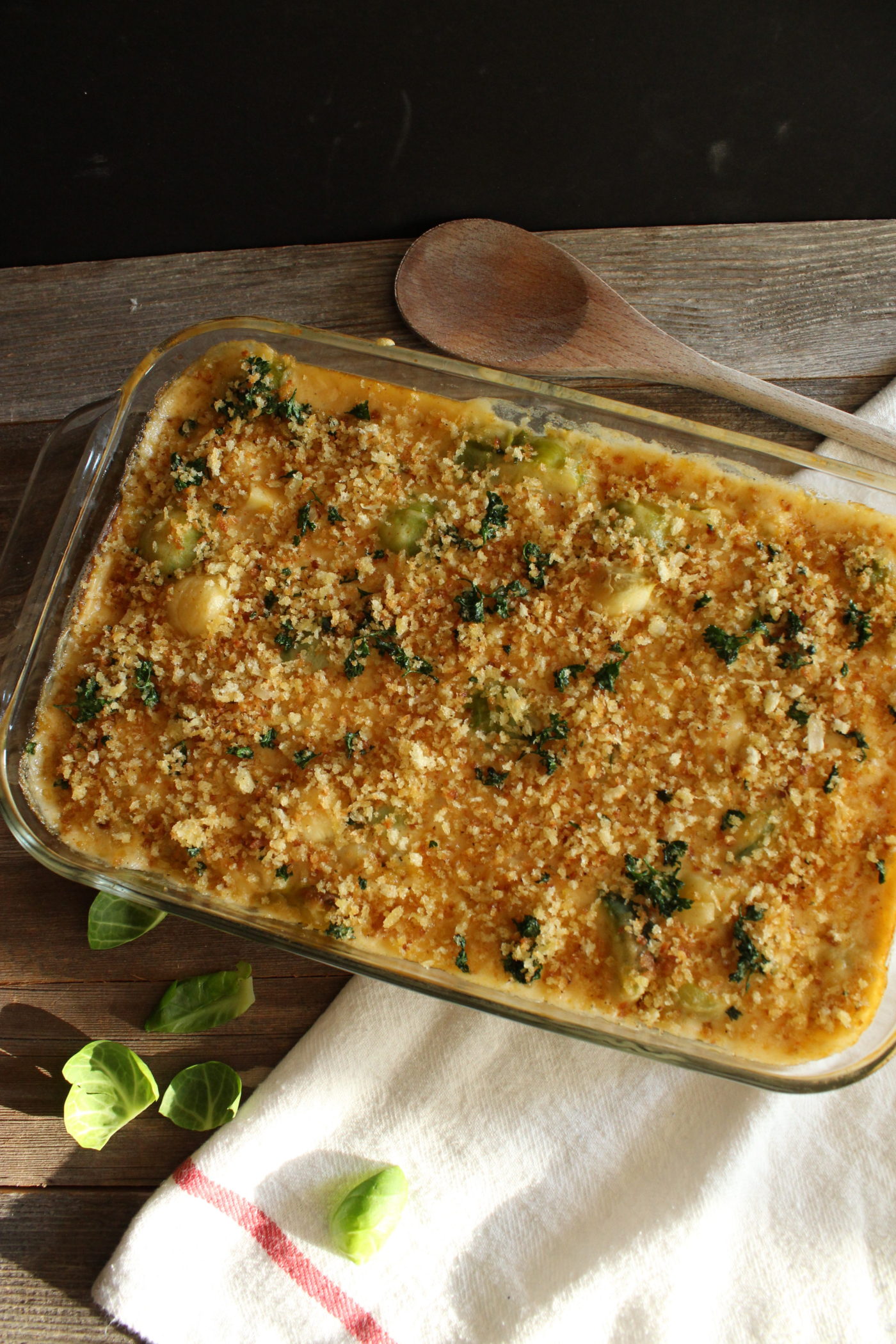 baking dish of baked brussels sprouts