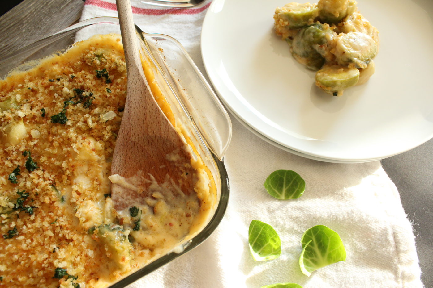 baking dish with baked brussels sprouts