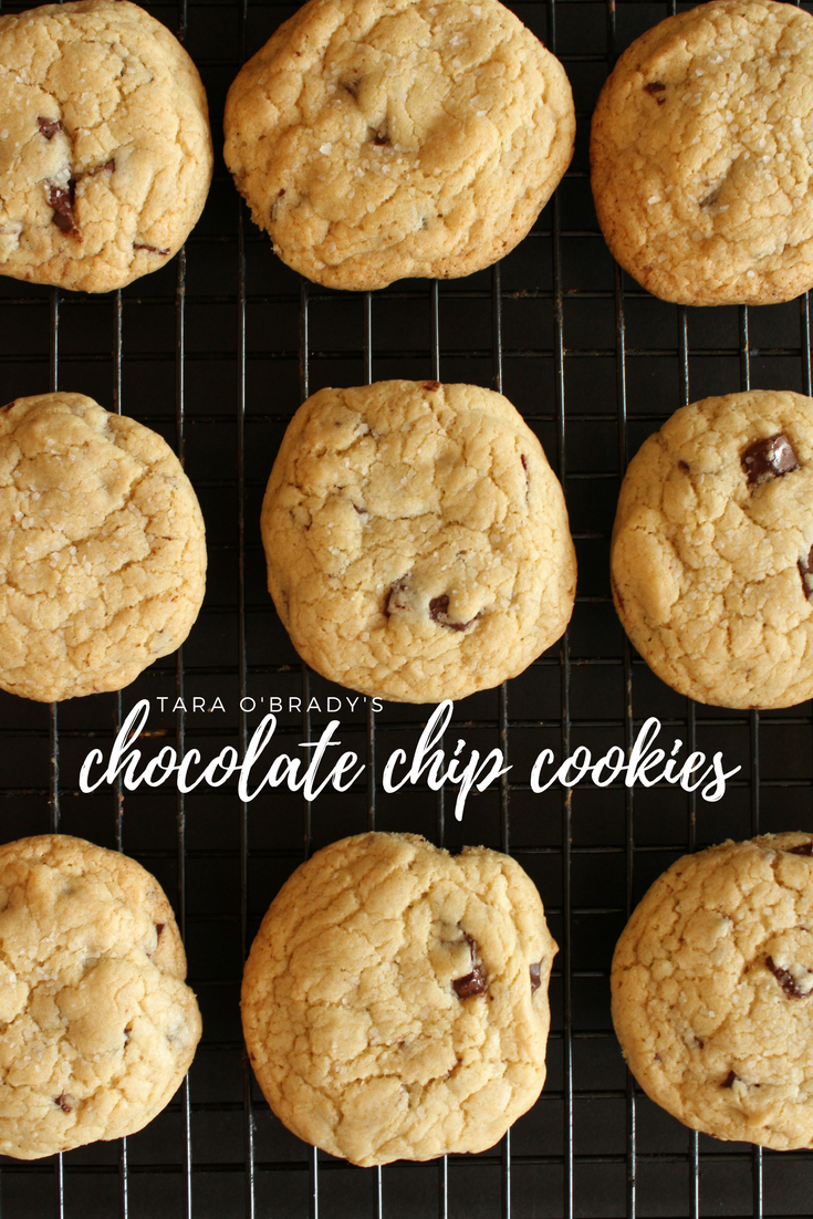 chocolate chip cookies on cooling rack.