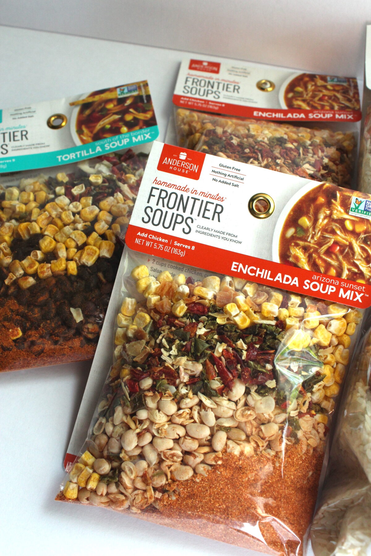 Close up photo of Frontier Soups soup mix packaging. 